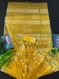 Yellow Original Handloom Dhakai Jamdani With Golden Silver & Copper Jori Work
