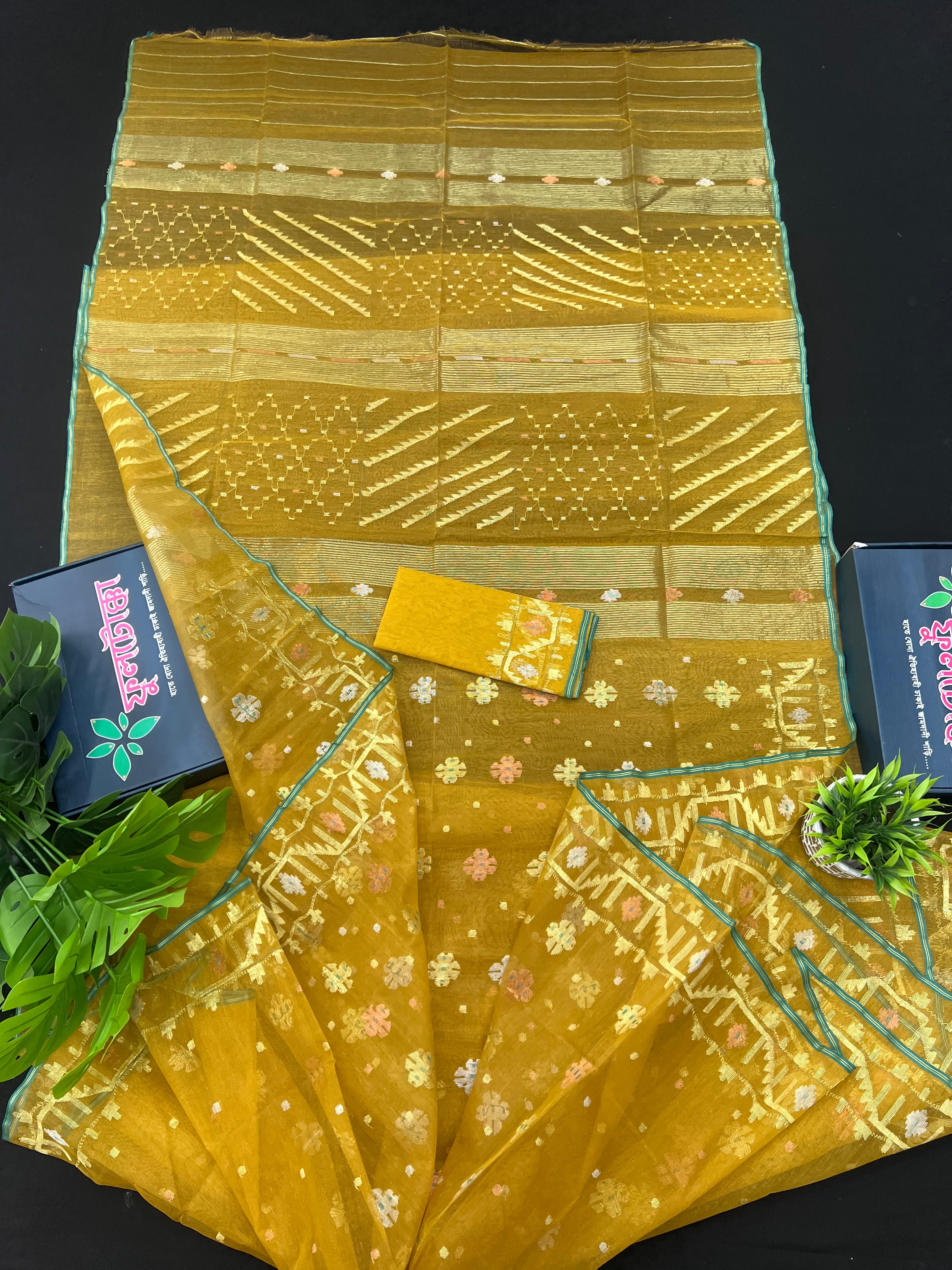 Yellow Original Handloom Dhakai Jamdani With Golden Silver & Copper Jori Work