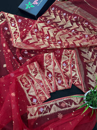 Red jamdani saree with golden jori all over work with blouse piece.