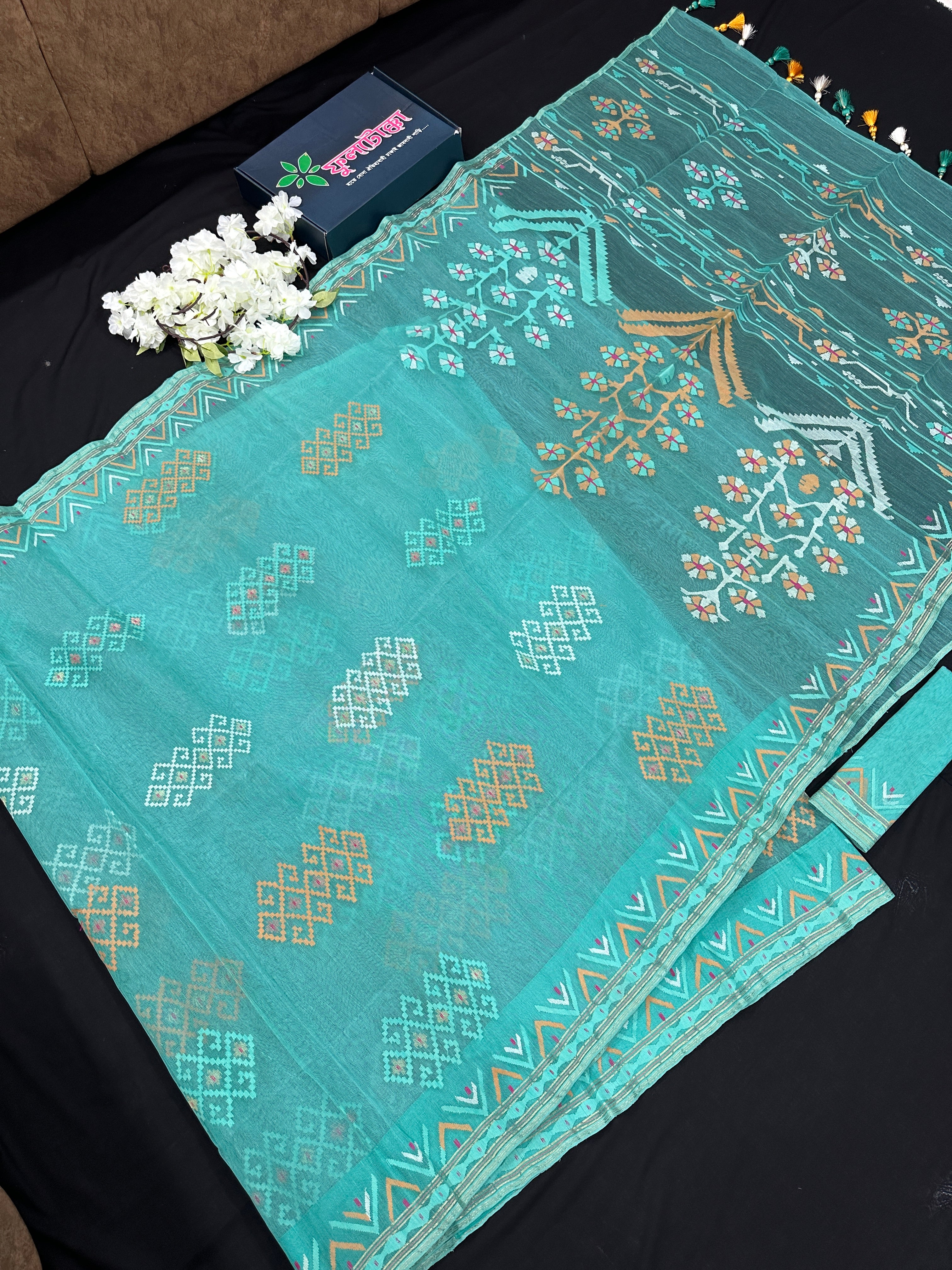 Ice blue exclusive halfsilk jamdani saree all over threads work