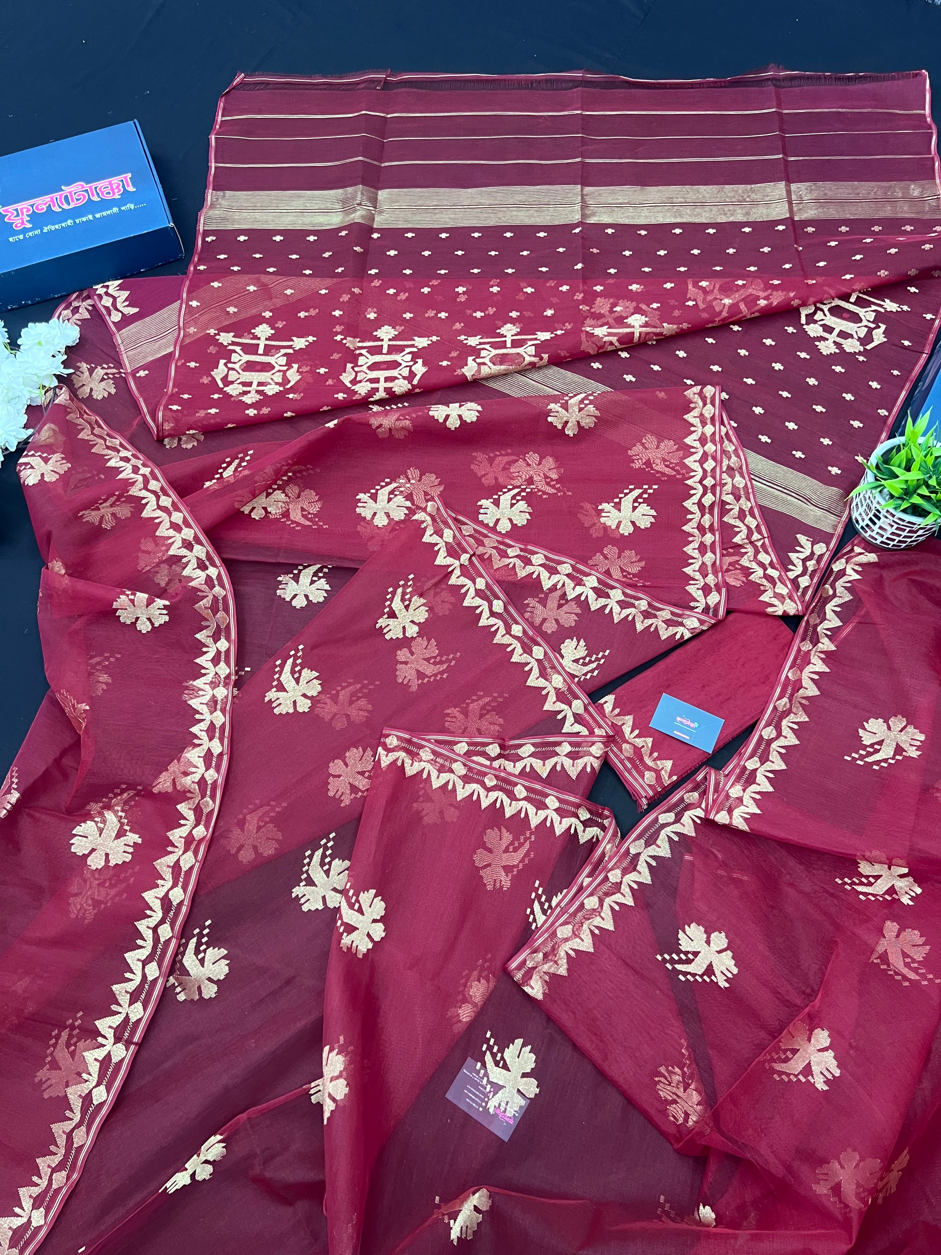 Maroon With Golden Original Handloom Halfsilk Dhakai Jamdani