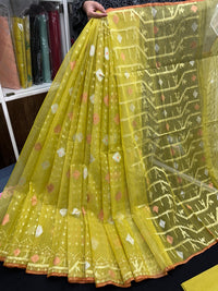 Yellowish Olive Original Handloom Halfsilk Dhakai Jamdani Saree With Golden Silver & Copper Jori Work
