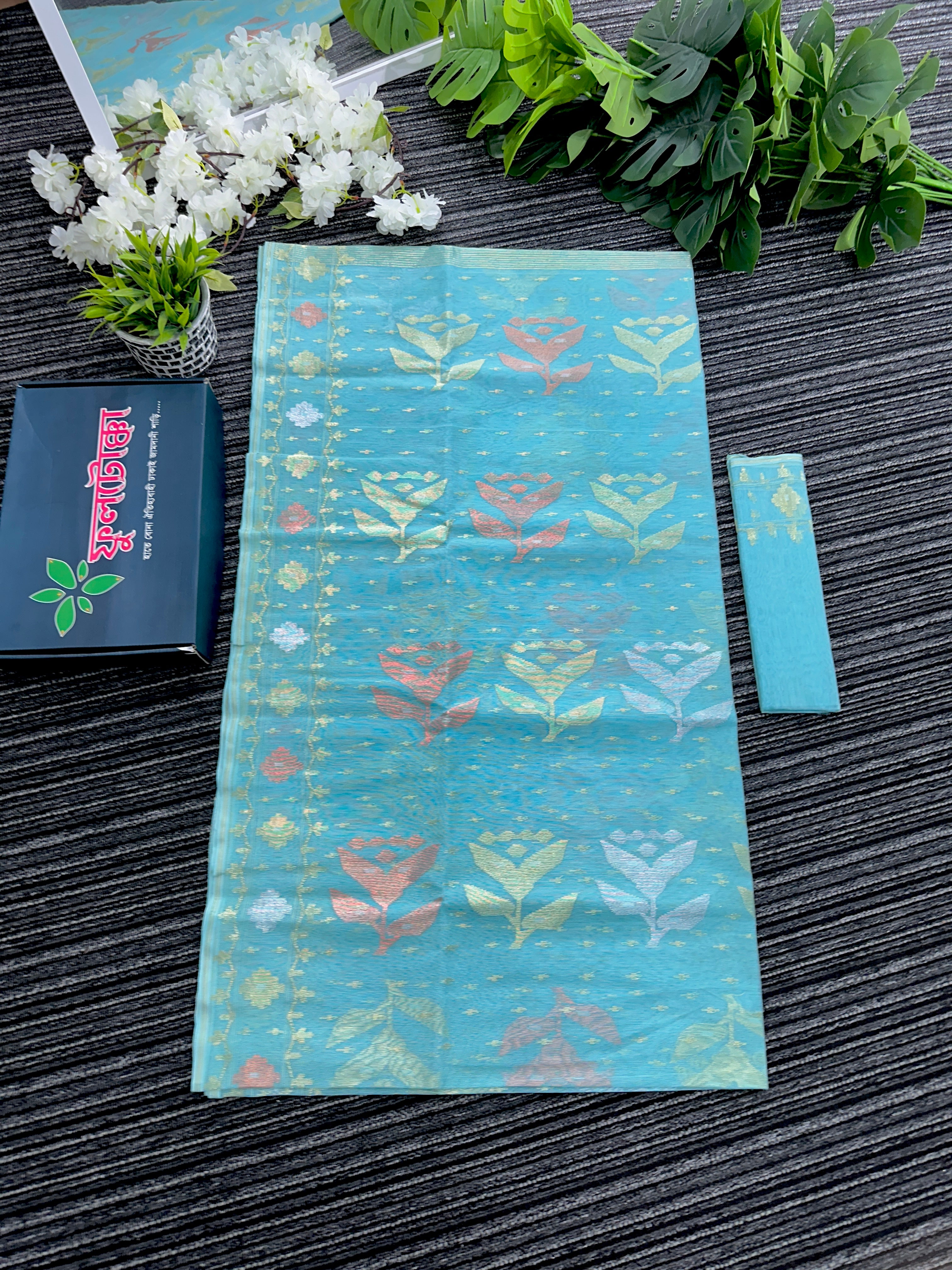 Ocean blue halfsilk jamdani saree with golden silver & copper jori work