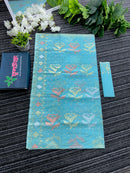 Ocean blue halfsilk jamdani saree with golden silver & copper jori work