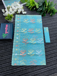 Ocean blue halfsilk jamdani saree with golden silver & copper jori work