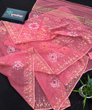 Peach pink jamdani saree with golden silver & copper jori work.