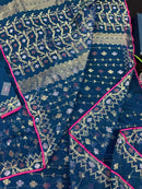 Peacock blue jamdani saree with golden silver copper jori work and pink border