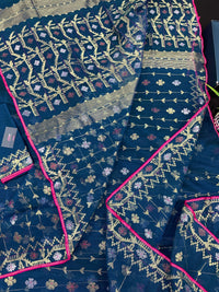 Peacock blue jamdani saree with golden silver copper jori work and pink border