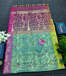Green exclusive gonga jamuna paar halfsilk jamdani saree with golden jori work and pink meena work