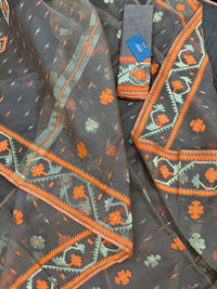 Peanut Brown dhakai jamdani saree with orange threads work & golden jori work all over soft count.