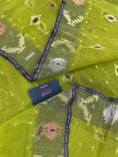 Olive halfsilk jamdani saree with golden silver & copper jori work and blue contrast paar