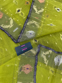Olive halfsilk jamdani saree with golden silver & copper jori work and blue contrast paar