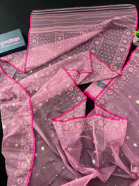 Pink colour handloom halfsilk original dhakai jamdani saree with golde jori work & self threads work