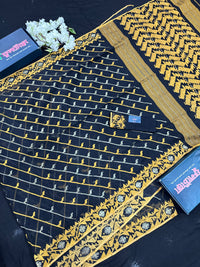 Black cotton jamdani saree with yellow threads work and Silver jori work & blouse piece.