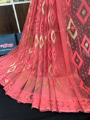 Georgia peach halfsilk jamdani saree with self threads work and golden jori work