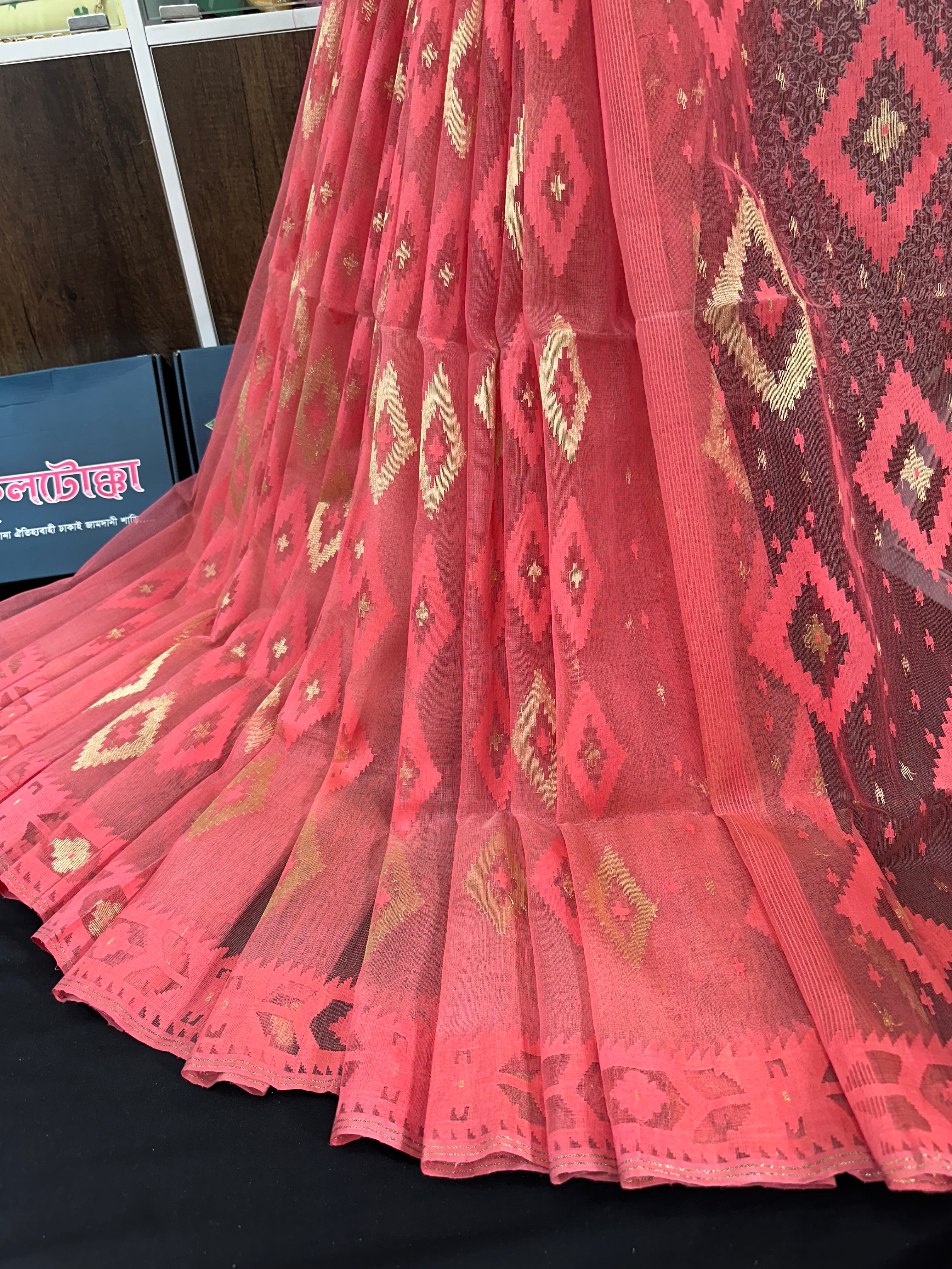 Georgia peach halfsilk jamdani saree with self threads work and golden jori work