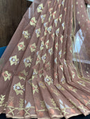 Nude mauve halfsilk jamdani saree with golden silver & copper jori work