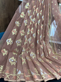 Nude mauve halfsilk jamdani saree with golden silver & copper jori work