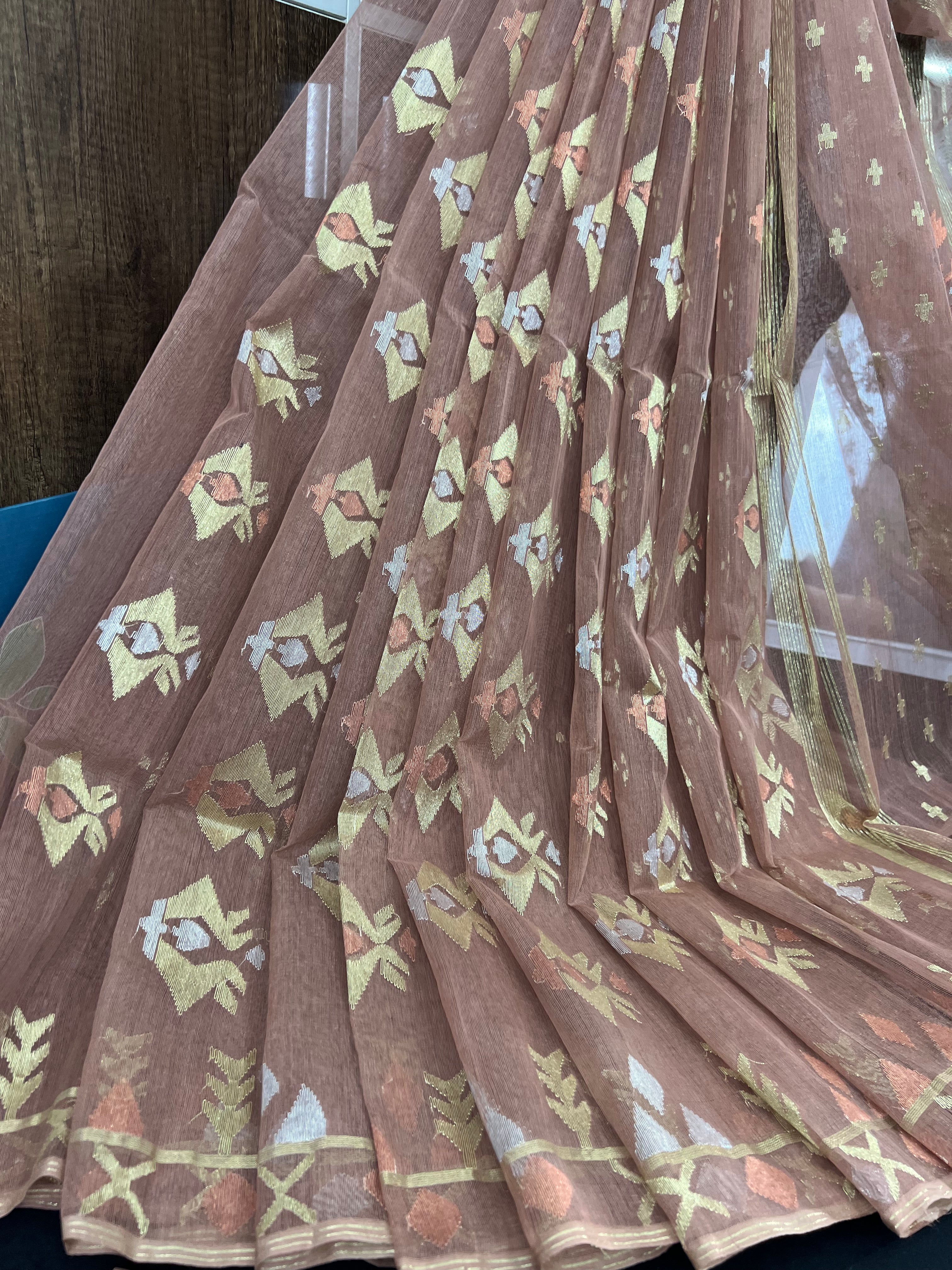 Nude mauve halfsilk jamdani saree with golden silver & copper jori work