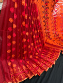 Maroon red jamdani saree with orange and red threads work
