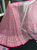 Pink colour handloom halfsilk original dhakai jamdani saree with golde jori work & self threads work