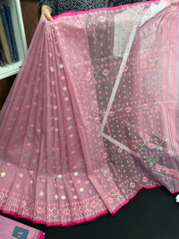 Pink colour handloom halfsilk original dhakai jamdani saree with golde jori work & self threads work