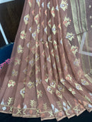 Nude mauve halfsilk jamdani saree with golden silver & copper jori work