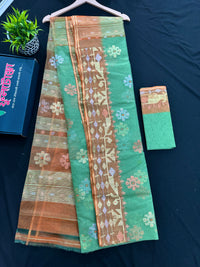 Pastel green halfsilk jamdani saree with golden brown contrast and golden silver copper jori work