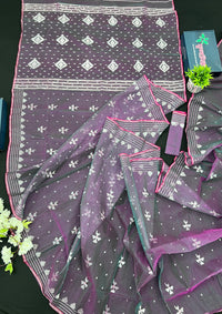 Dual Toned Original Handloom Halfsilk Dhakai Jamdani Saree With Silver Jori Work