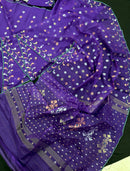 Purple halfsilk jamdani saree golden silver & copper jori work all over soft count.