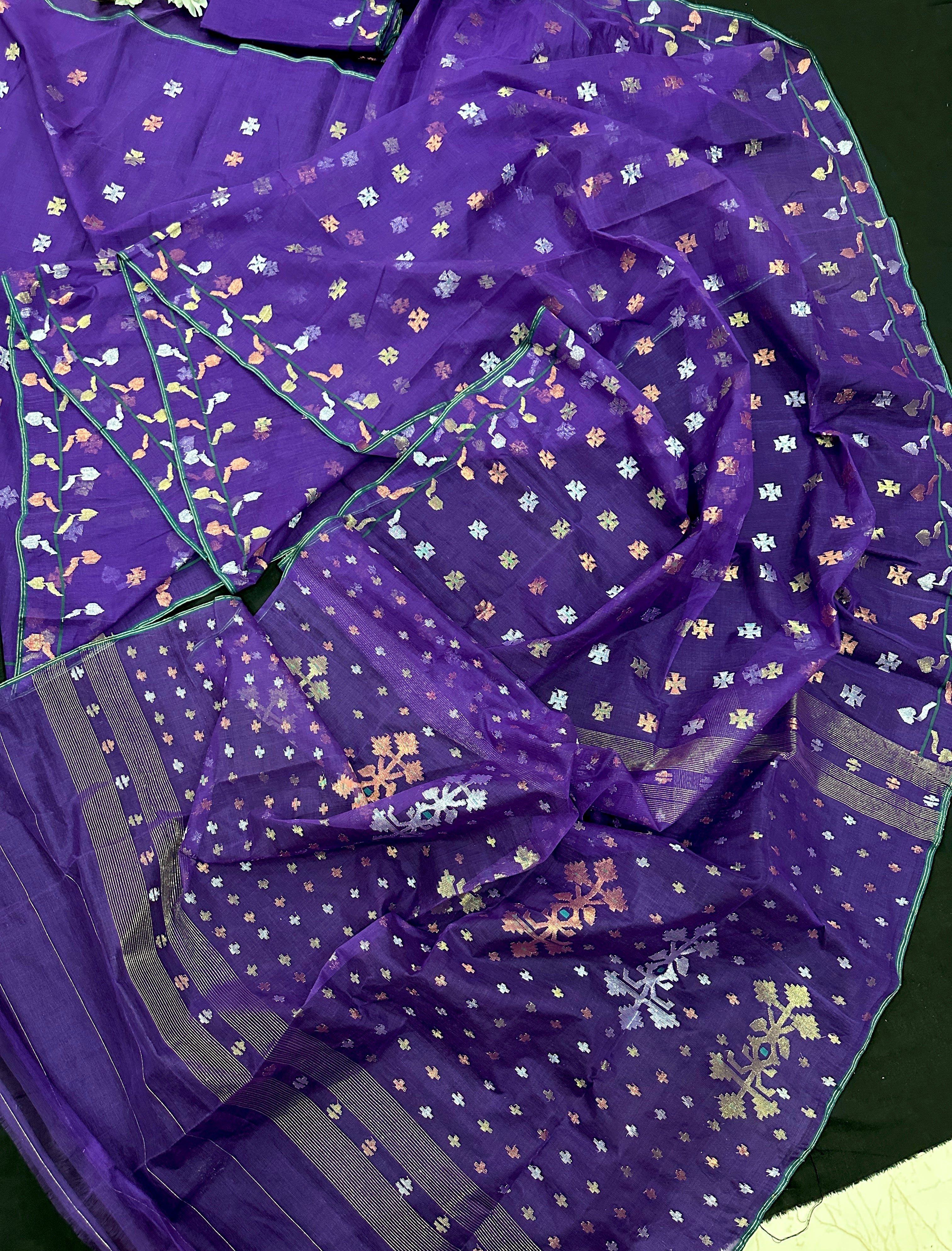 Purple halfsilk jamdani saree golden silver & copper jori work all over soft count.