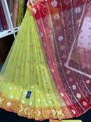 Green & Orange Colour Original Handloom Halfsilk Dhakai Jamdani With Golden Silver & Copper Jori Work
