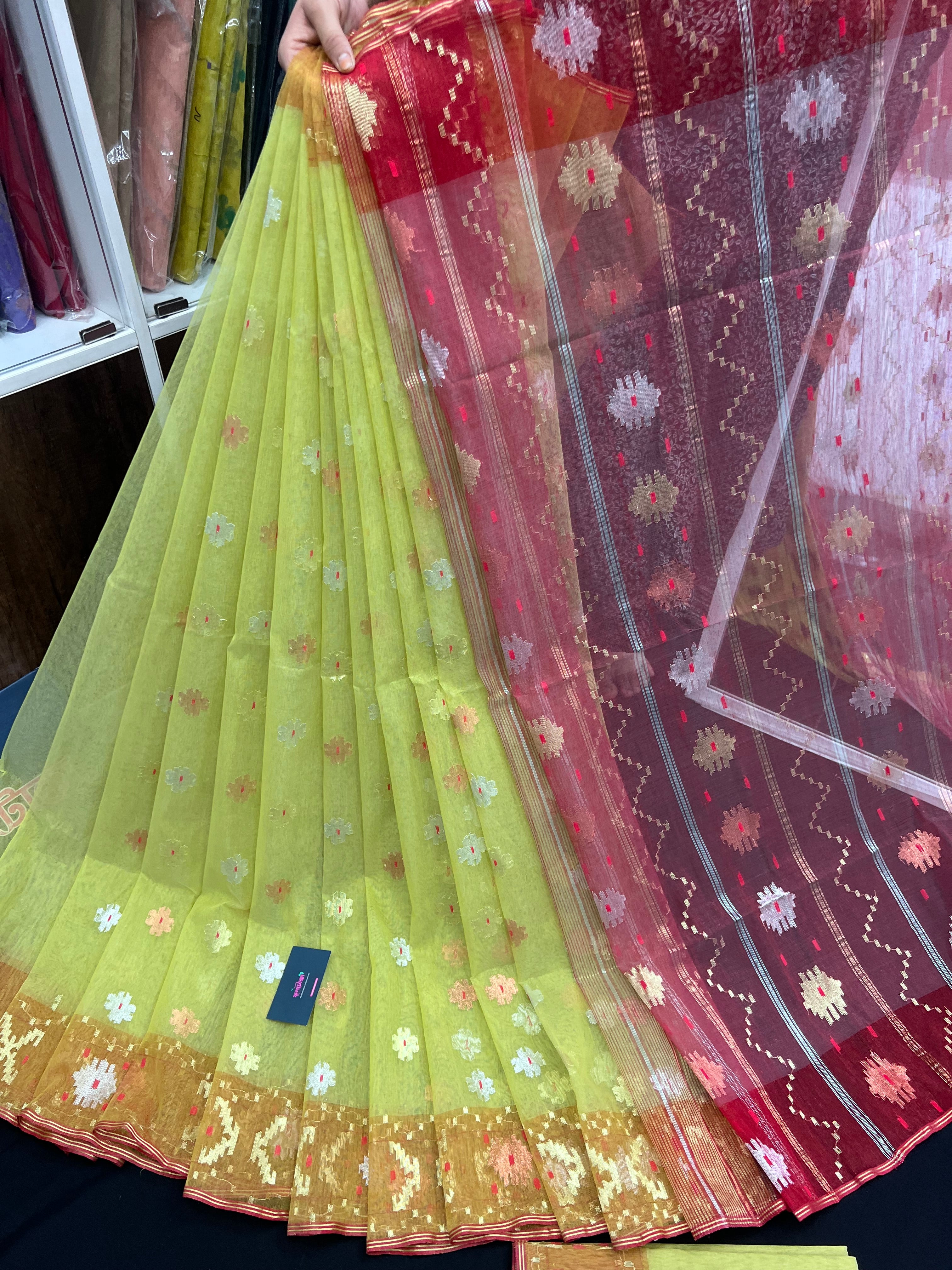 Green & Orange Colour Original Handloom Halfsilk Dhakai Jamdani With Golden Silver & Copper Jori Work