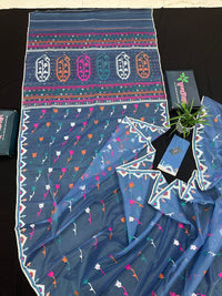 Dusty blue jamdani saree with pink white blue green work and white paar.