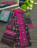 Black cotton jamdani saree with magenta threads work and silver jori work