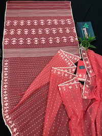 Sweet pink cotton jamdani saree with white threads work and blouse piece.