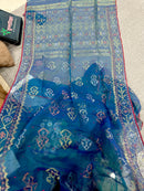 Peacock blue handloom original dhakai Jamdani saree with golden silver & copper jori wori work
