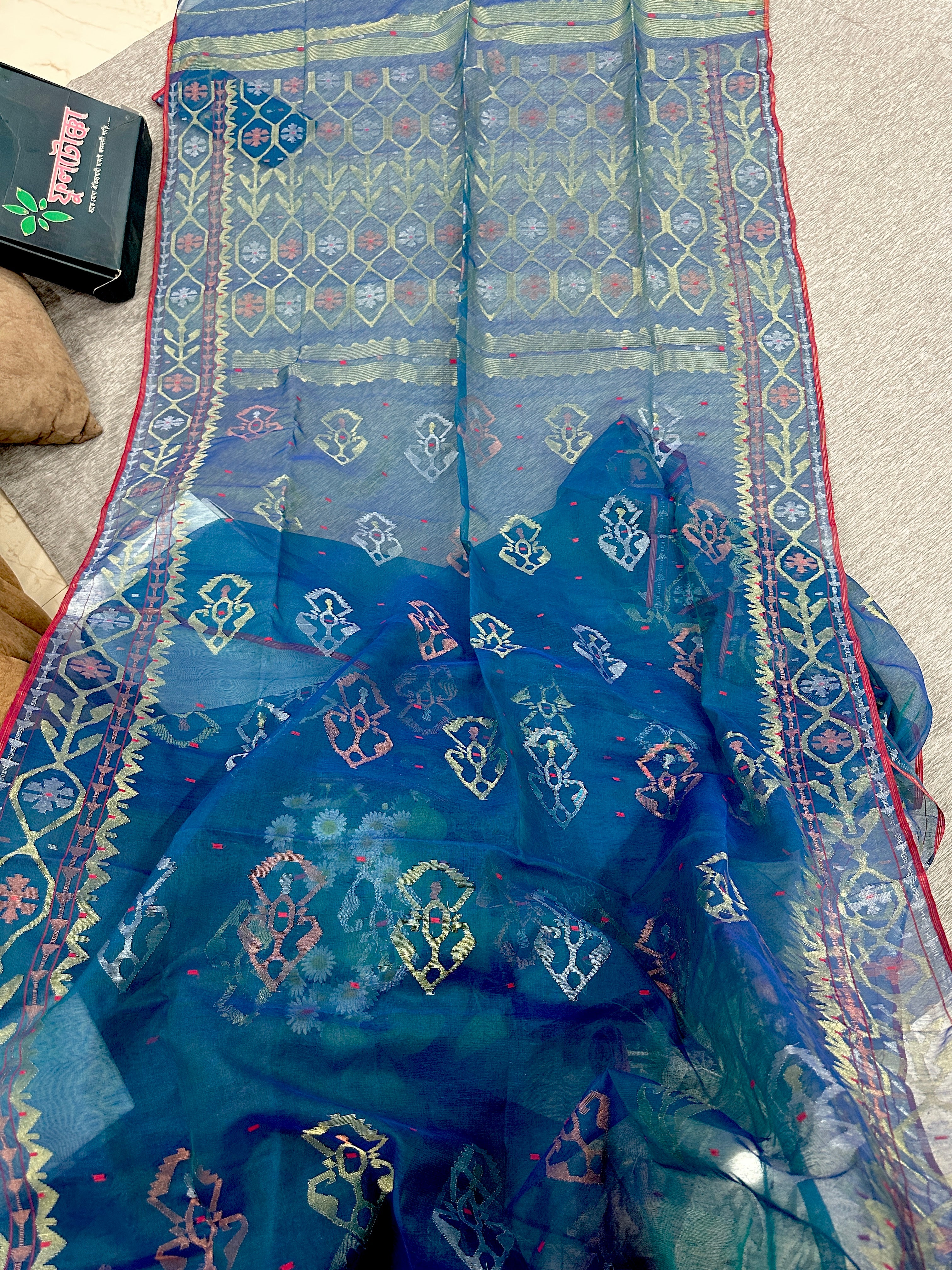 Peacock blue handloom original dhakai Jamdani saree with golden silver & copper jori wori work