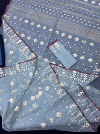 Powder Blue Original Handloom Hslfsilk Dhakai Jamdani With Golden Jori Work