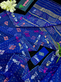 Blue jamdani saree with golden silver & copper jori work also pink jori work