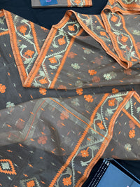 Peanut Brown dhakai jamdani saree with orange threads work & golden jori work all over soft count.