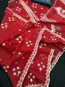 Radish Maroon cotton jamdani saree with white threads work all over work.