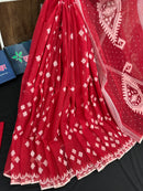 Radish Maroon cotton jamdani saree with white threads work all over work.