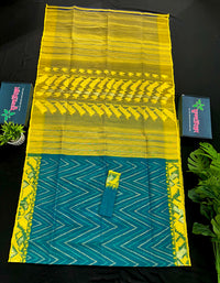 Sea green with yellow halfsilk jamdani with golden jori work and self threads work