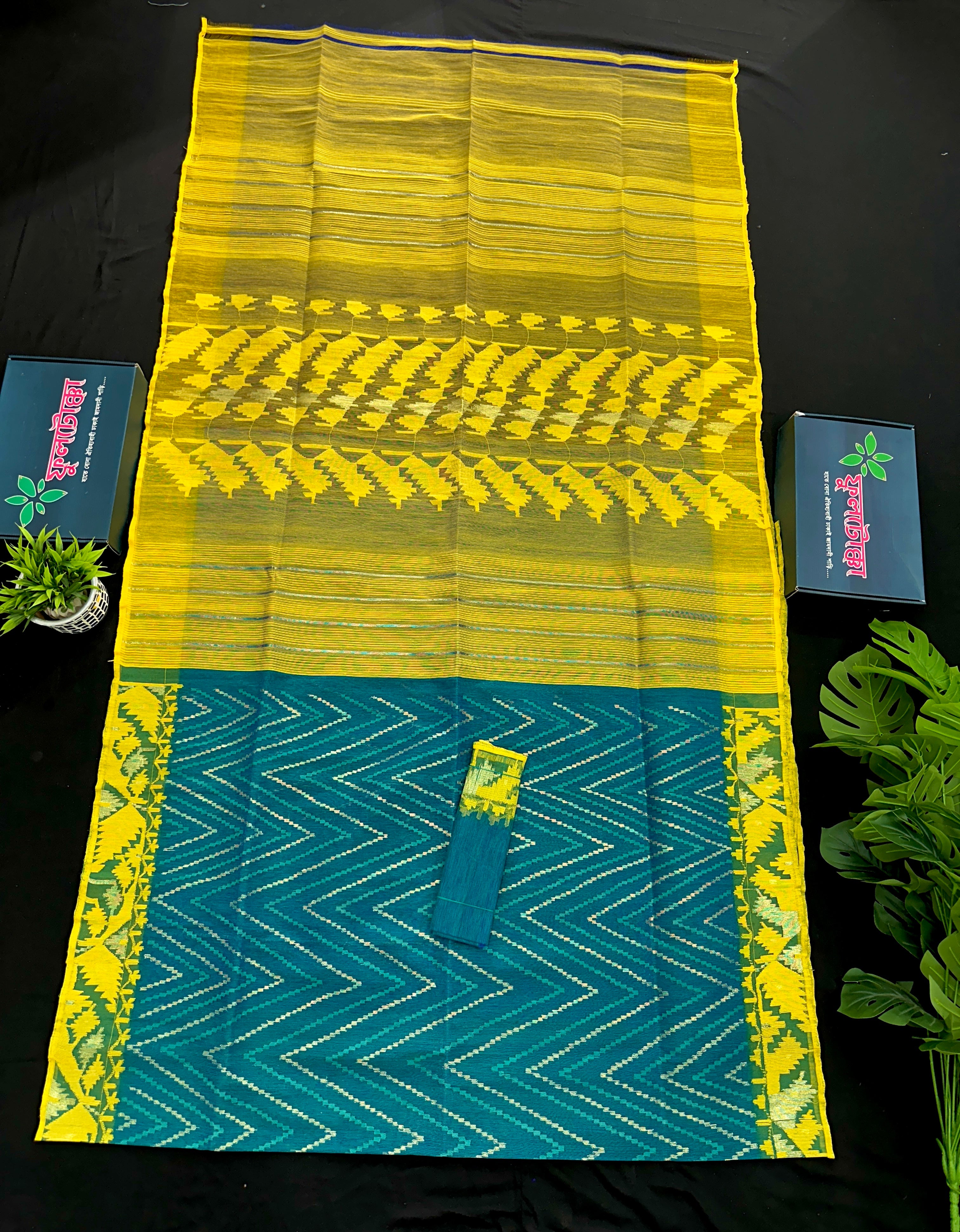 Sea green with yellow halfsilk jamdani with golden jori work and self threads work