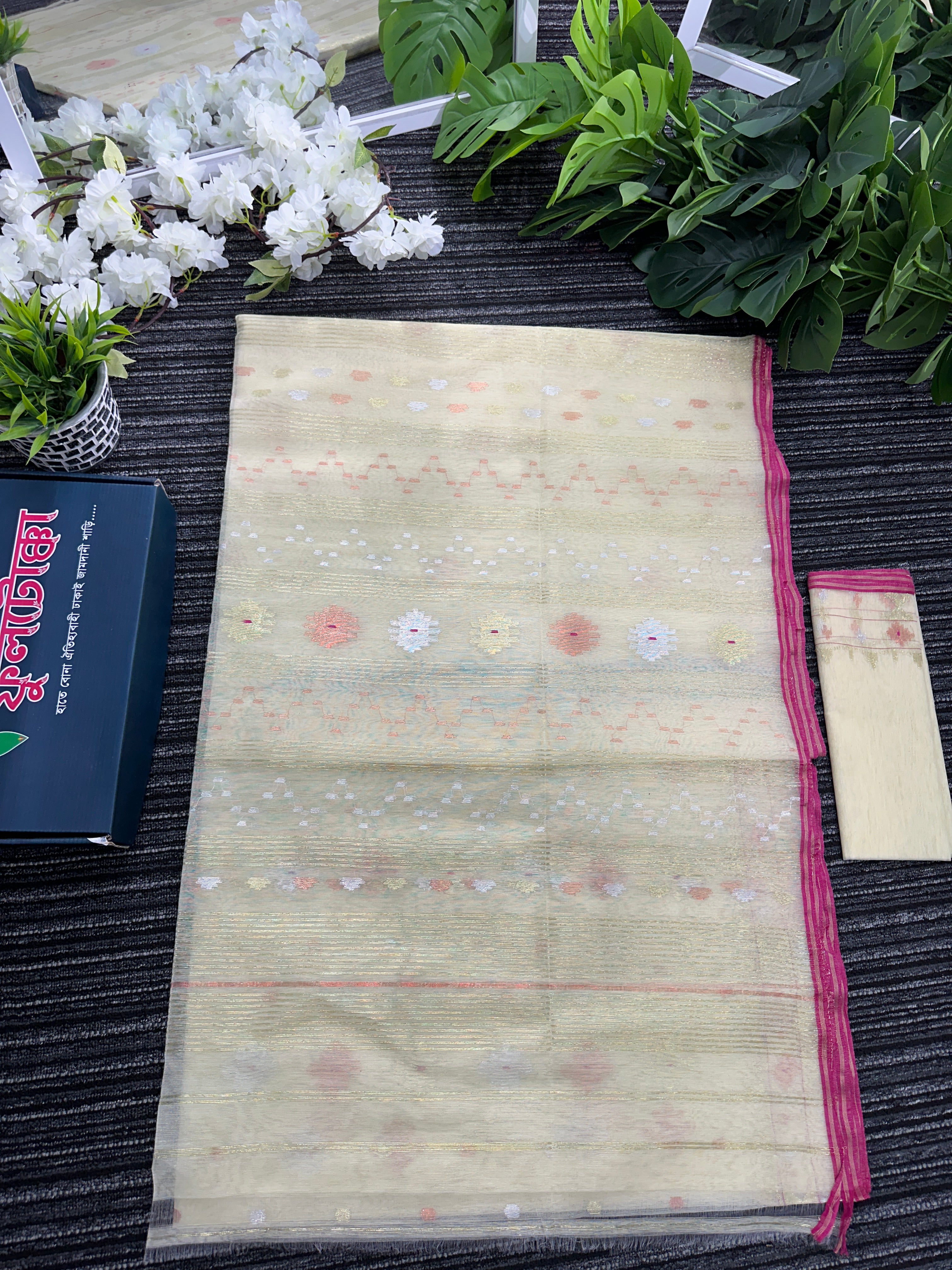 Pearl golden halfsilk jamdani saree with golden silver & copper jori work