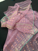 Onion colour jamdani saree with pink meena and green border.
