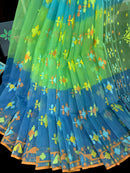 Tripple shaded halfsilk jamdani saree with yellow blue orange threads work.