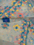 Cream colour jamdani saree with yellow orange blue floral threads work and blouse piece.