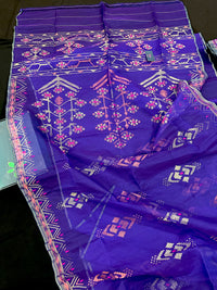 Purple exclusive jamdani saree with golden silver and copper jori work.